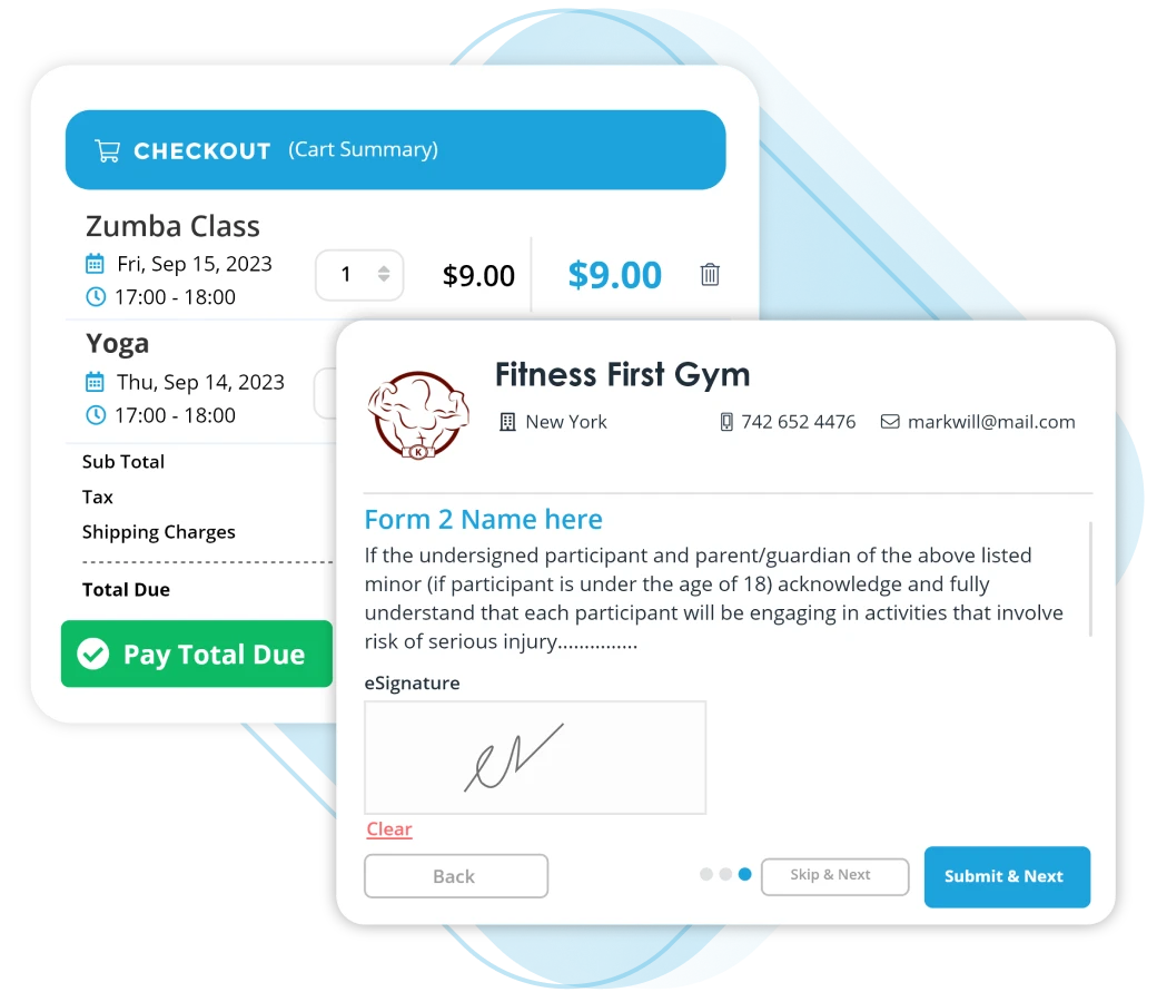 Fitness software digital forms for product, classes, and service